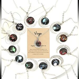 Luminous Zodiac Retro Moon Pendant Necklace & Card NIP